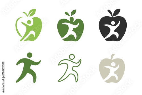 Athletic Health Icons. Sports performance and athletic health. Icon set. Set Logo of athletic health: balanced nutrition and activity symbol. harmonious logo