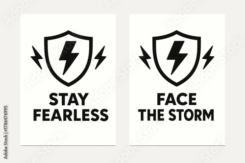 Stay Fearless Shield. Courage. Two vertical A6 banners with safe margins, centered composition, no elements touching edges, flat vector design, black and