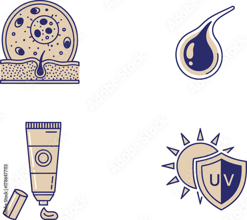 Dermatology Icons Skin Cell, Mole, Tube of Cream, UV Sun Shield