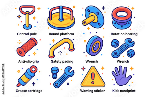 Merry-Go-Round Icon Set. merry-go-round handle. Colorful isometric vector icons set of merry-go-round handle: central pole handle, round platform, mounting