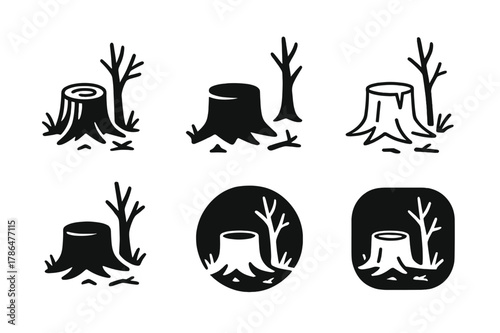 Deforestation Logo Designs. Deforestation. Set Logo of deforestation: broken forest ecosystem. Icon set. harmonious logo variations of the same emblematic