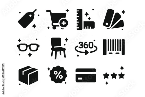 Augmented Reality Icons. augmented reality shopping and retail. Solid icons set of augmented reality shopping and retail: price tag, add to cart, size ruler,
