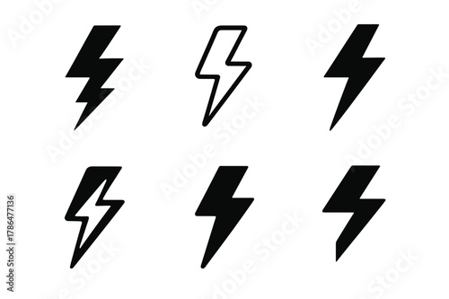 Lightning Bolt Logos. Maximum contrast. Set Logo of maximum contrast: split lightning bolt. Icon set. harmonious logo variations of the same emblematic