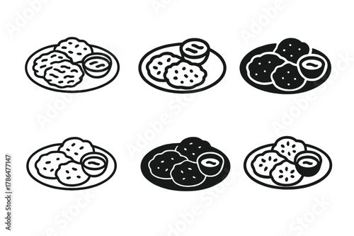 Hanukkah Latkes Logos. Hanukkah celebrations with menorahs and candles. Set Logo of latkes plate: crispy potato pancakes with dip. Icon set. harmonious logo