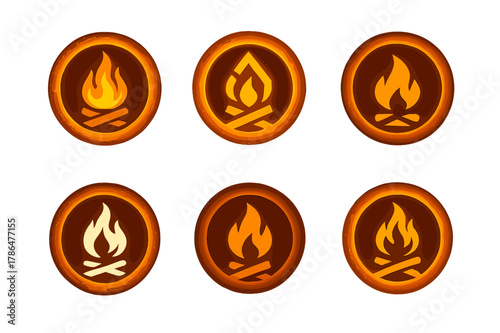 Bonfire Logo Variations. Bonfire. Set Logo of bonfire: glowing ember circle. Icon set. harmonious logo variations of the same emblematic concept, each with
