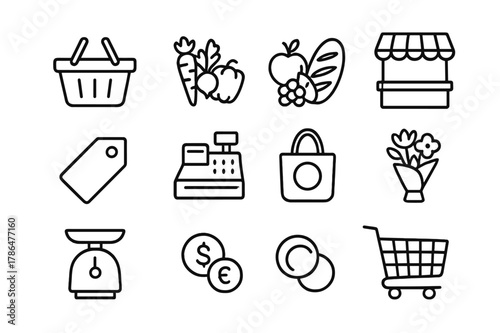 Grocery Icon Set. Grocery shopping. Line icon set of grocery shopping: shopping basket, fresh vegetables, fruits, bread loaf, vendor stall, price tag, cash