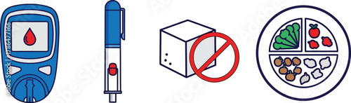 Diabetes Care Icons Glucose Meter, Insulin Pen, No-Sugar Symbol, Healthy Plate