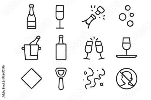Champagne Icons Collection. Champagne and Toasts. Line icon set of Champagne and Toasts: champagne bottle, flute glass, popping cork, bubbles, ice bucket,