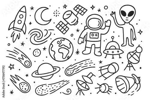 Space Exploration Doodle. Space exploration illustration. Hand-drawn doodle illustration Space exploration illustration, rockets, planets, stars, moons,