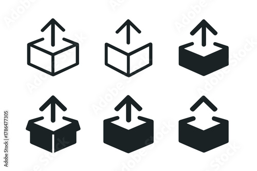 Attic Organization Icon. Reorganizing the attic for more storage. Set Logo of open box with upward arrow: Abstract geometric, Flat solid, Iconic shape, Minimal