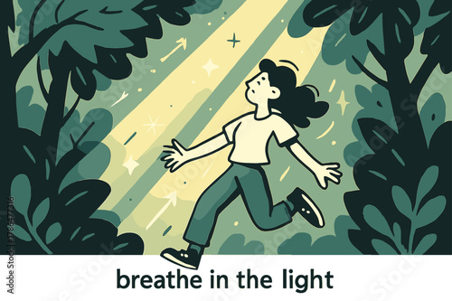 Forest Light Dance. Soft Light Rays ? Through Forest Canopy. Long golden shafts pierce between leaves; floating dust and spark icons shimmer. Caption ?breathe