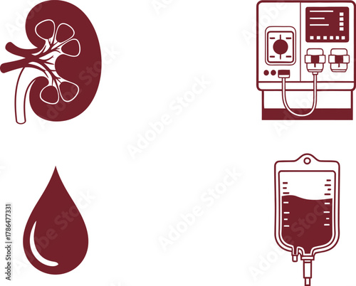 Dialysis Icons Kidney Organ, Dialysis Machine, Blood Drop, Fluid Bag