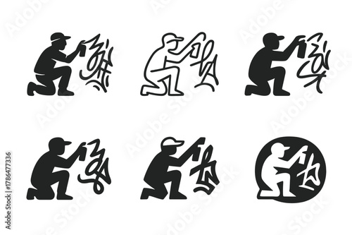 Street Artist Logos. Street artist working on artwork. Set Logo of Street artist working on artwork: silhouette painting graffiti tag. Icon set. harmonious
