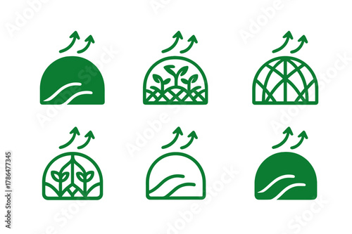 Biophilic Climate Pod Logos. Radical new takes on home automation and living spaces. Set Logo of biophilic climate pod: micro-green dome with airflow arrows.