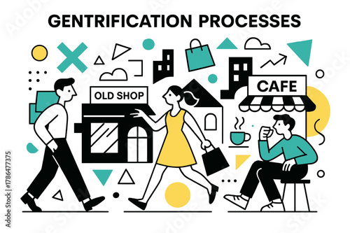 Gentrification Geometry. Gentrification Processes. Cafes and boutiques replacing older shops with floating abstract geometric shapes and urban icons, dynamic