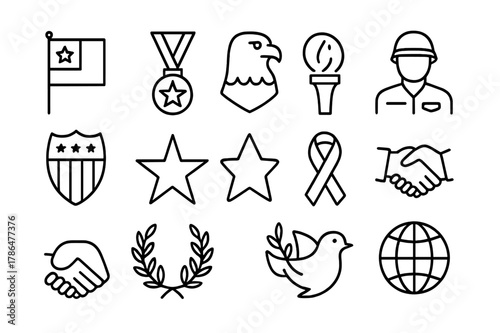 Patriotic Icon Set. Patriotic honor. Line icon set of patriotic honor: flag, medal, eagle, soldier, shield, torch, star, ribbon, handshake, laurel wreath,