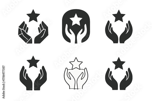 Helping Hands Logos. Volunteering. Set Logo of Volunteering: helping hands holding a star. Icon set. harmonious logo variations of the same emblematic concept,
