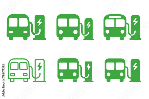 Climate Hope Icons. Climate hope. Icon set. Set Logo of climate hope: electric bus charging at station. harmonious logo variations of the same emblematic