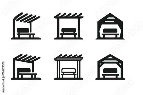 Park Architecture Icons. Architecture of public parks and green spaces. Icon set. Set Logo of architecture of public parks and green spaces: modern pergola