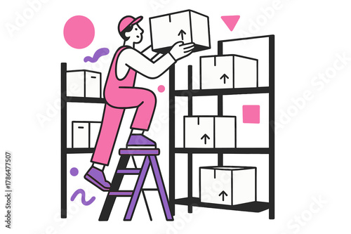 Organized Warehouse Efficiency. Restocking Supplies. Warehouse worker placing boxes on high shelves with floating abstract geometric shapes, efficient and