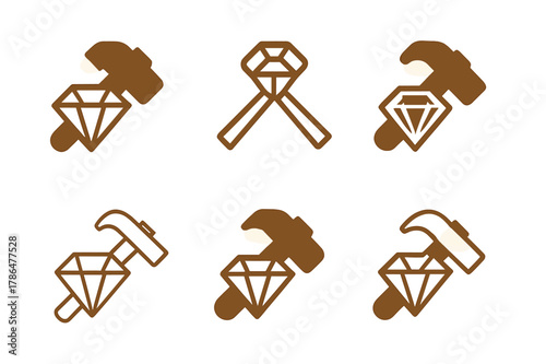 Artisan Jewelry Logos. Local artisan jewelry. Set Logo of Local artisan jewelry: hammer and gem symbol. harmonious logo variations of the same emblematic