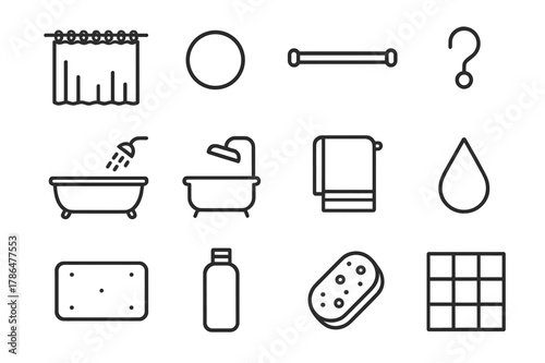 Bathroom Icon Set. Bathroom setup. Line icon set of bathroom setup: shower curtain, ring, curtain rod, hook, bathtub, towel, soap, water droplet, bath mat,