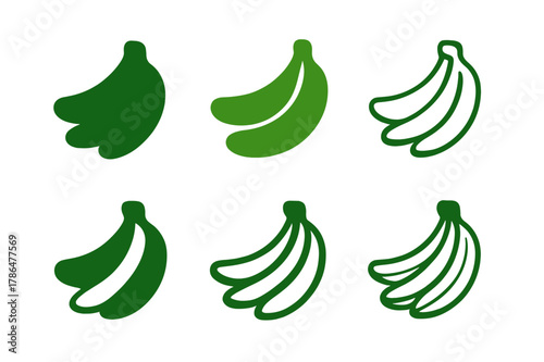 Organic Banana Logos. Organic produce. Icon set. Set Logo of Organic produce: banana bunch. harmonious logo variations of the same emblematic concept, each
