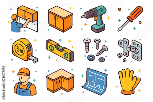 Colorful Cabinet Installation Icons. Cabinet installation. Colorful isometric vector icons set of cabinet installation: upper cabinets, lower cabinets, drill,