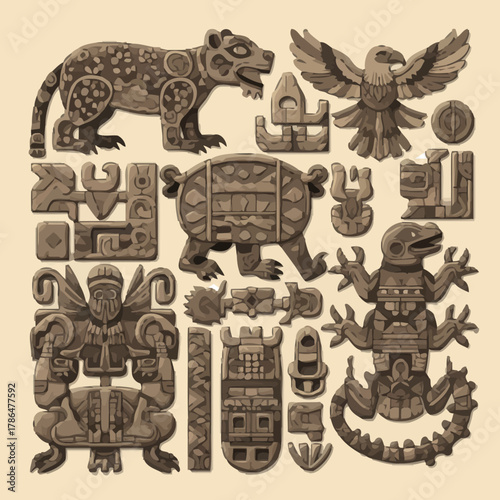 Ancient stone carvings of jaguar, eagle, turtle, lizard, and symbolic figures in a captivating artistic collection