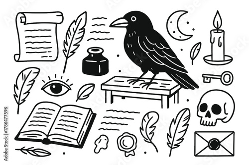 Raven and Writing Desk. Raven and writing. Hand-drawn doodle illustration Raven and writing quill, ink bottle, parchment scroll, open book, candle, feather,