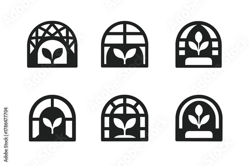 Futuristic Space Greenhouses. The future of space habitats and long-term space travel. Set Logo of hydroponic greenhouse dome: Negative space, Stylized detail,