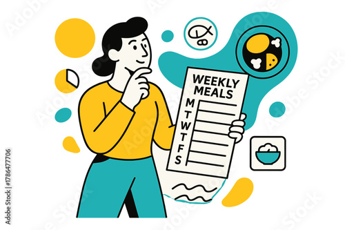 Efficient Meal Planning. Rationing Food. Person planning weekly meals with floating abstract geometric shapes and portion icons, mindful and efficient food