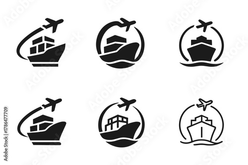 Corporate Logo Ensemble. Multinational companies. Set Logo of Multinational companies: cargo ship and airplane route. Icon set. harmonious logo variations of
