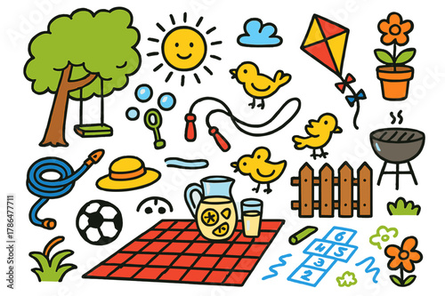 Backyard Playtime Fun. Backyard playtime. Colorful Hand-drawn doodle Children illustration Backyard playtime picnic blanket, soccer ball, bubbles wand, jump