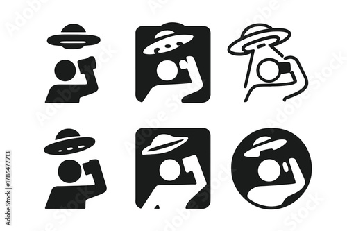UFO Witness Logos. UFO sightings. Set Logo of eyewitness holding camera to sky: Flat solid, Stylized detail, Minimal outline, Negative space,