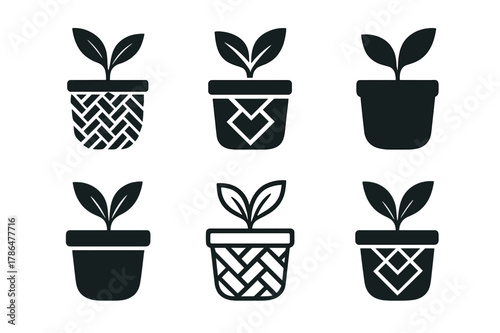Plant Pot Logos. Plant pot. Icon set. Set Logo of plant pot: woven basket cachepot. harmonious logo variations of the same emblematic concept, each with