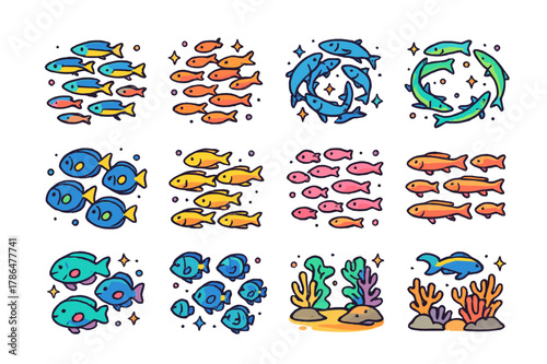 Colorful Coral Icons. Coral reef schooling species. Colorful isometric vector icons set of Coral reef schooling species: fusilier fish group, anthias cloud,