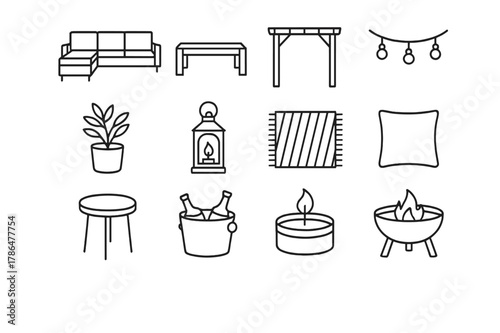 Outdoor Lounge Icons. Outdoor Lounge. Line icon set of Outdoor Lounge: sectional sofa, coffee table, pergola, string lights, potted plant, lantern, outdoor