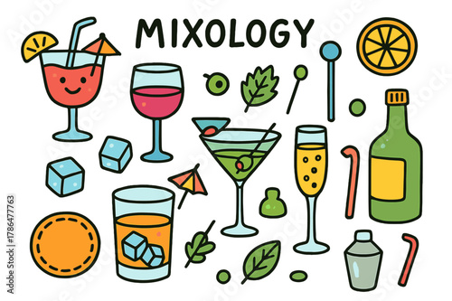 Colorful Mixology Icons. mixology. Colorful Hand-drawn doodle Children illustration mixology cocktail glass, wine glass, martini, whiskey glass, champagne