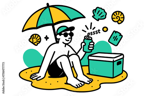 Sandy Toes Delight. Beach Cooler Break. Umbrella shade, sandy toes, and a fizzing can cracking open?spark lines burst ?pssst.? Ice packs and shells orbit the