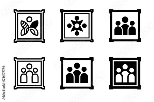 Cultural Art Diversity. Cultural diversity in art. Set Logo of Cultural diversity in art: gallery frames with varied motifs. Icon set. harmonious