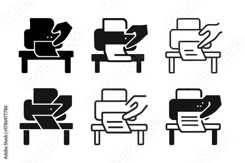 Printer Jam Logo Set. Fixing printer paper jam. Icon set. Set Logo of Fixing printer paper jam: office desk with printer. harmonious logo variations of the
