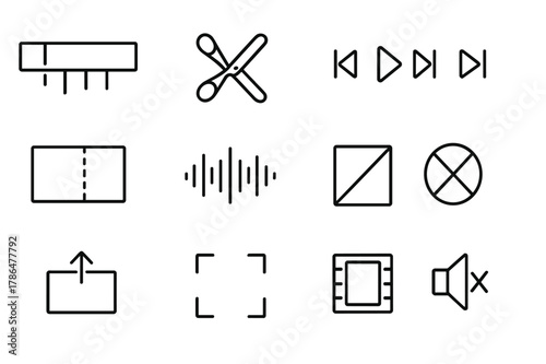 Video Editing Icons. Video Editing. Line icon set of Video Editing: timeline, playhead, scissors cut, playback controls, clip segment, sound wave, transition