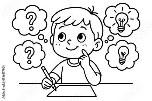 Creative Kids' Ideas. problem solving children?s coloring book illustration, outlined drawing, a child thinking creatively with thought bubbles and lightbulb