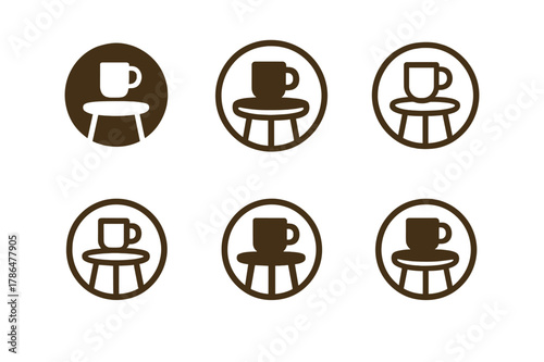 Cozy Corner Logos. Setting up a cozy corner with comfy seating for casual chats. Set Logo of cozy corner: round coffee table with mug. Icon set. harmonious