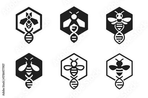 Genetic Harmony Logos. Genetically modified plants and animals. Set Logo of Genetically modified plants and animals: honeybee over hex DNA comb. Icon set.