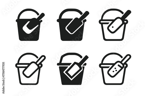 Feed Bucket Icons. feed bucket. Icon set. Set Logo of feed bucket: bucket and feed scoop crossed. harmonious logo variations of the same emblematic concept,