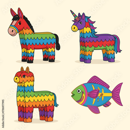 Vibrant fiesta fun with colorful pinatas a horse unicorn llama and fish perfect for party celebrations and festive decorations
