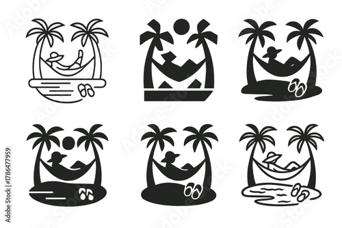 Tropical Hammock Icons. A traveler relaxing in a hammock between two palm trees, on a tropical island. Icon set. Set Logo of A traveler relaxing in a hammock