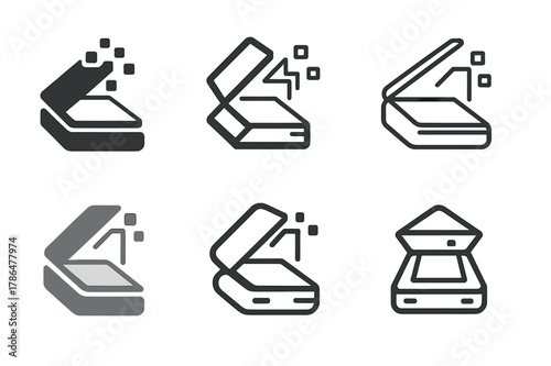 Document Scanning Icons. Using a document scanner. Set Logo of Document scanning: scanned page becoming digital file. Icon set. harmonious logo variations of